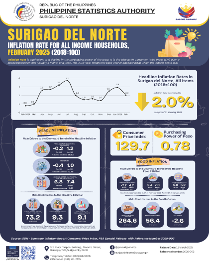 Surigao del Norte Inflation Rate for All Income Households, February 2025 (2018=100)